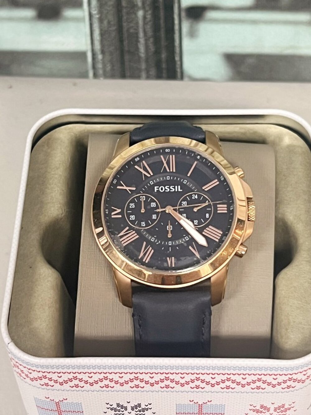 Fossil FS4835 Chronograph 44mm Rose Gold Steel Watch Navy Leather Strap